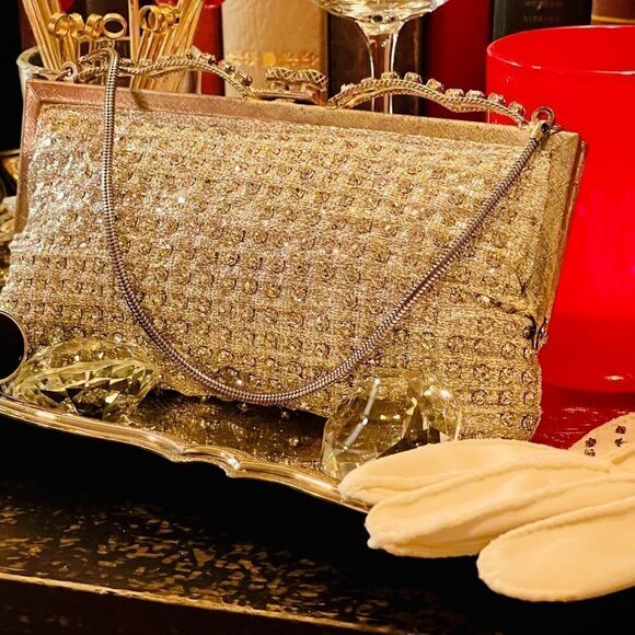 ♥️ Silver Lamé and Austrian Rhinestone purse, Walborg 60s handbag - Picture 4 of 16